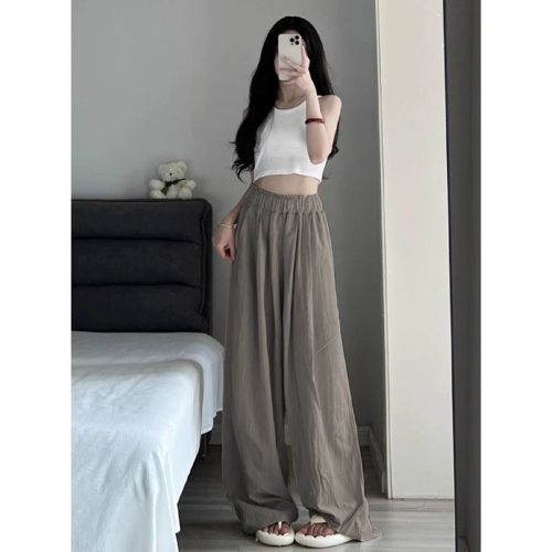 ‘Can be made into large sizes’ ice silk cotton and linen wide-leg pants for women, thin high-waisted casual straight-leg gray pleated lazy Yamamoto pants