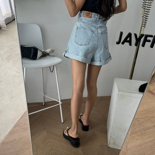 New summer two-button high-waist curled denim shorts