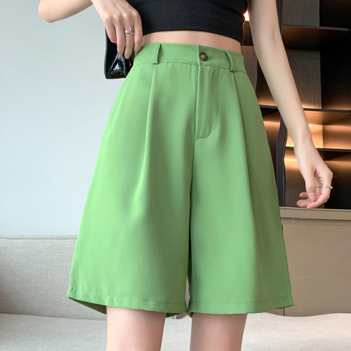 Real shot of summer high-waisted thin straight casual a-line wide-leg pants ice silk chiffon five-point pants women's suit pants