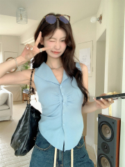 Real shot of Korean style summer style lapel single-breasted vest pleated slimming sleeveless knitted cardigan top