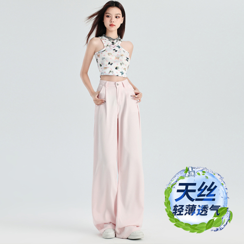 Actual shot of Tencel cool starry pattern thin pleated wide-leg pants white and pink