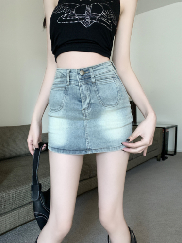 Real shot American retro denim skirt women's summer anti-exposure skirt high waist slim skirt hip-covering skirt short skirt