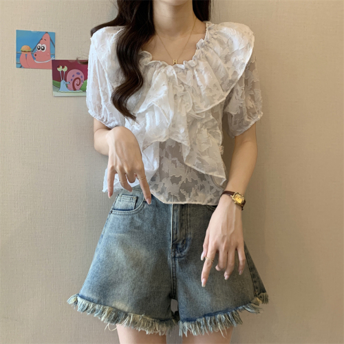 Actual shot of new loose niche slimming short-sleeved shirt with ruffled one-shoulder top for women