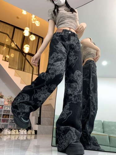 Actual shot~Chinese trend dragon pattern printed wide leg jeans for women covering flesh, high waist, loose slimming floor mopping pants