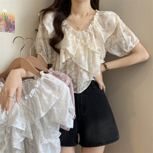 Actual shot of new loose niche slimming short-sleeved shirt with ruffled one-shoulder top for women