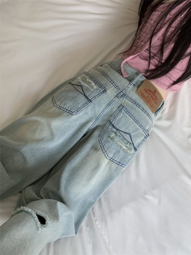 Real shot of summer high waist ripped beggar pants loose embroidered straight leg slimming wide leg long jeans for women