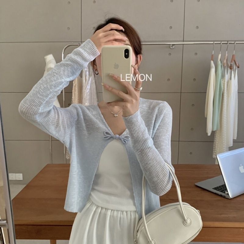 THE LEMON new Chinese style disc button V-neck thin sweater spring and summer new short style sun protection shawl top
