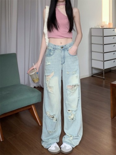 Real shot of summer high waist ripped beggar pants loose embroidered straight leg slimming wide leg long jeans for women