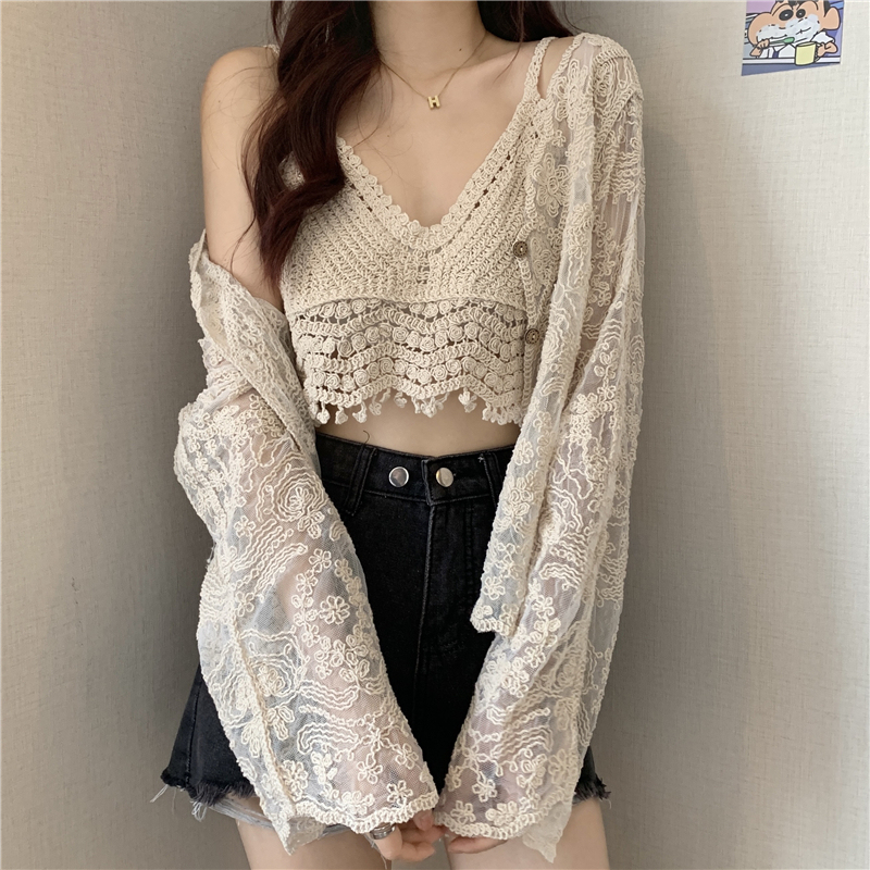 New style style blouse top crocheted hollow long-sleeved lace shirt for women + crocheted camisole