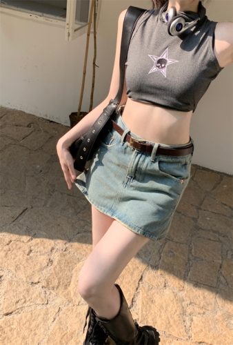 Real shot of summer high-waisted anti-exposure A-line slit denim skirt hot girl denim shorts skirt