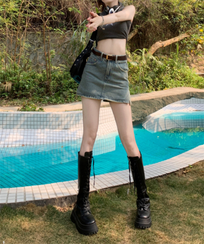 Real shot of summer high-waisted anti-exposure A-line slit denim skirt hot girl denim shorts skirt