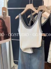 Korean black and white contrasting acetate ice silk knitted camisole for women in spring and summer with French style sleeveless top