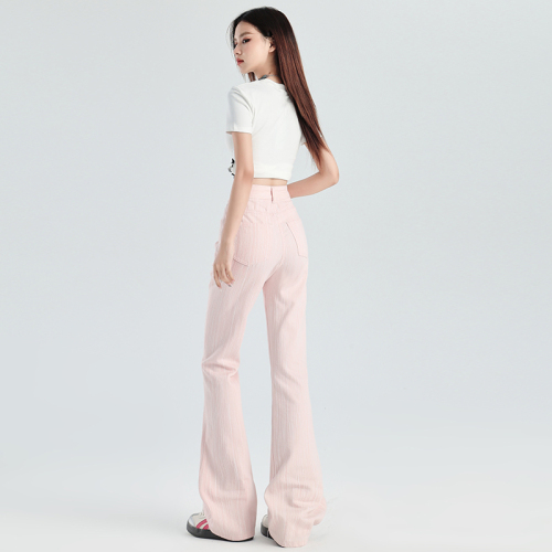 Actual shot of cherry blossom pink high-waisted non-elastic loose fit super nice boot-cut trousers with extended length