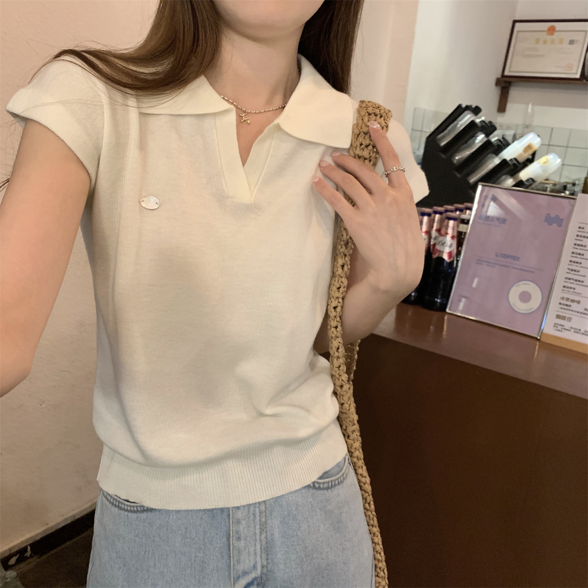 Real shot of summer Korean style temperament polo collar simple and versatile 6 wool lightweight sweater short-sleeved top