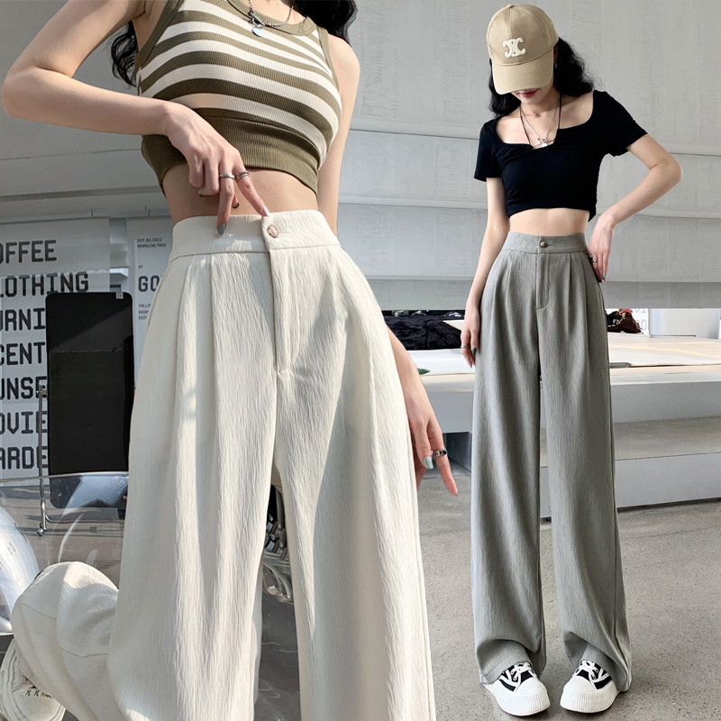 Textured ice silk women's trousers summer new extended version straight high waist drapey wide leg trousers for small people