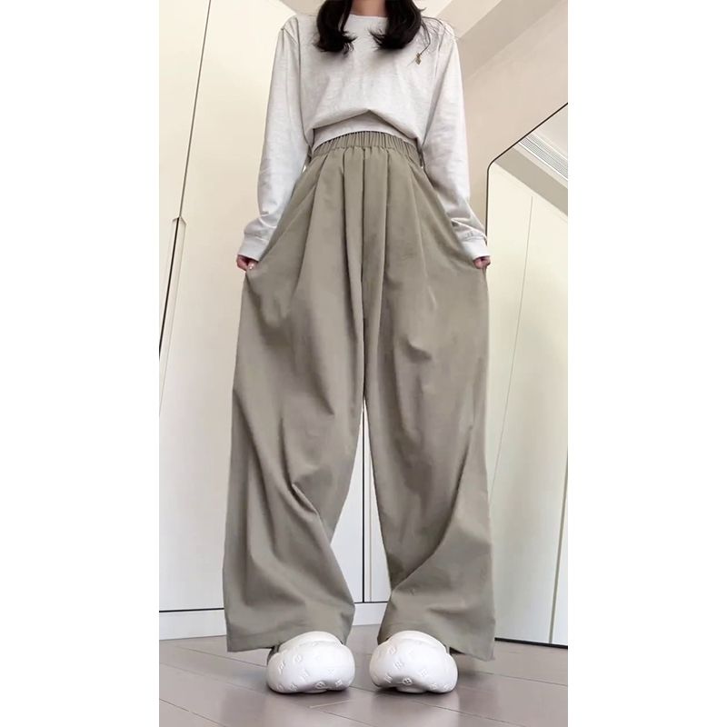 Ice silk linen loose wide leg casual pants for women summer straight floor mopping pants lazy sun protection cool pants