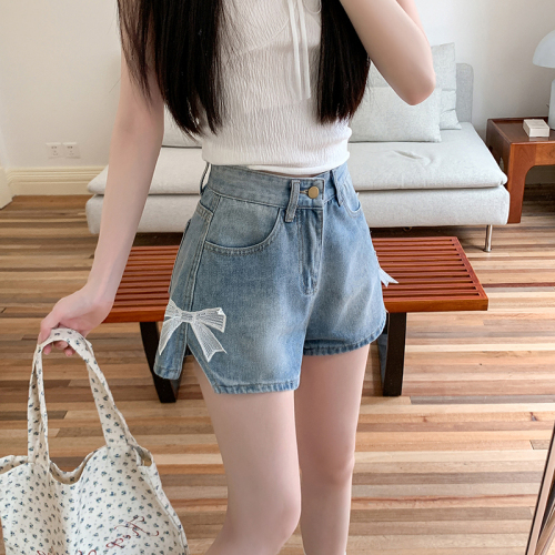 Actual shot~ Summer new denim hot pants heavy duty girly bow straight casual denim shorts for women