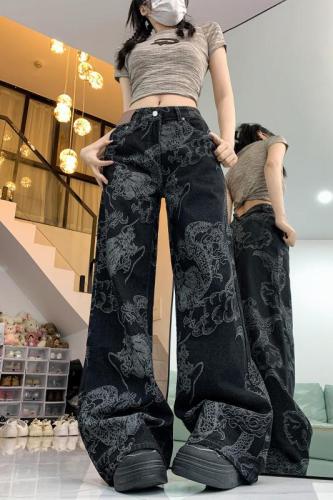 Actual shot~Chinese trend dragon pattern printed wide leg jeans for women covering flesh, high waist, loose slimming floor mopping pants