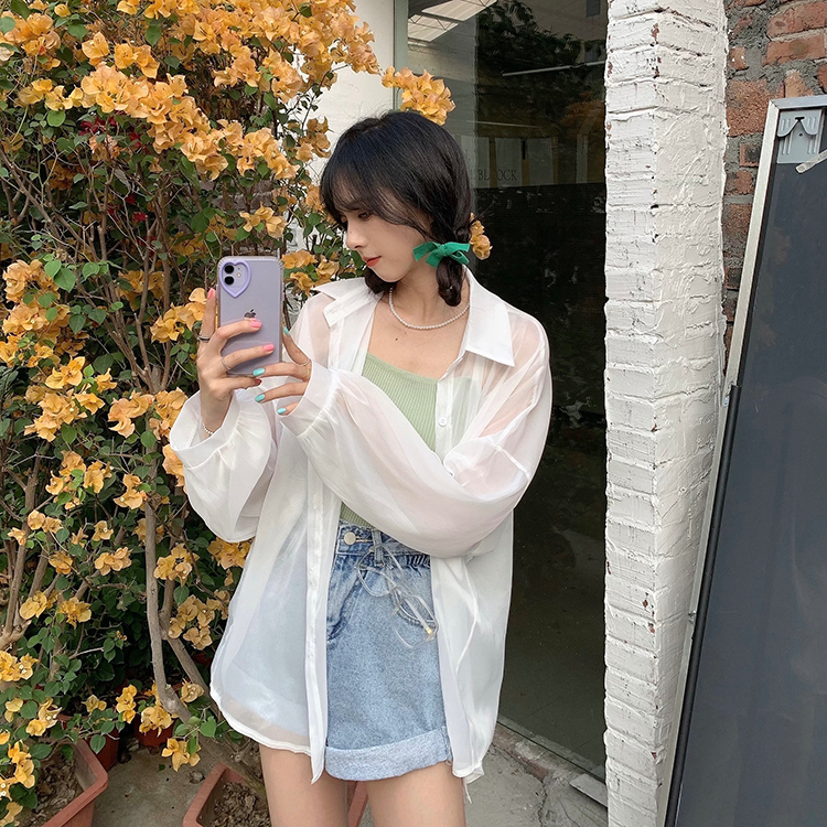 Solid color pearl chiffon sun protection clothing for women 2024 new summer thin cardigan versatile see-through high-end sense super fairy trend