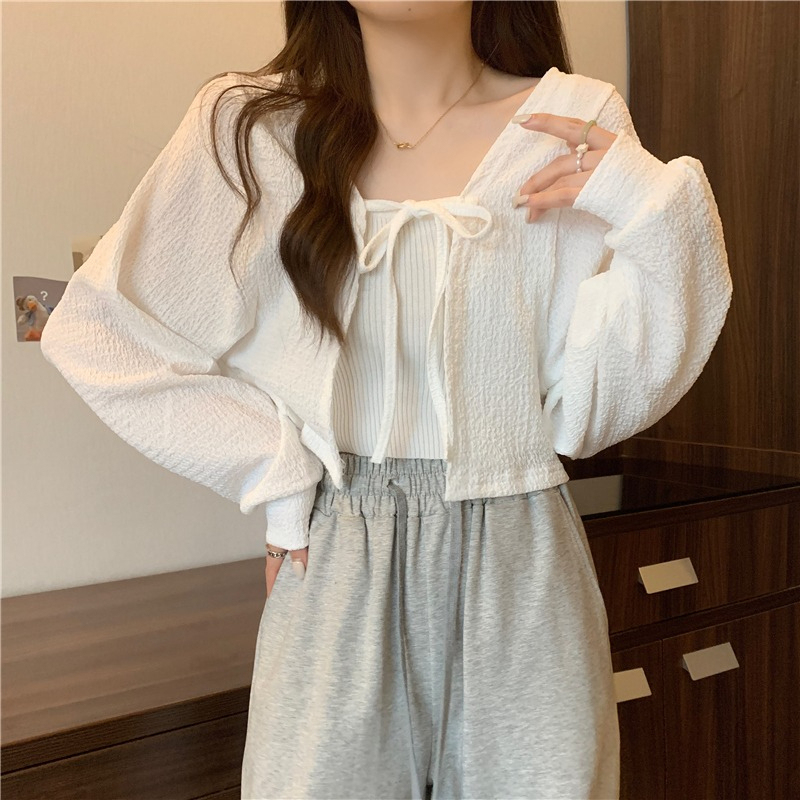 Summer sun protection shirt niche versatile strappy lantern sleeve short thin cardigan jacket women's air-conditioning shirt