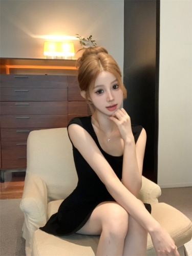 Real shot~Sexy hot girl U-neck short-sleeved dress summer female pure lust style A-line waist short skirt