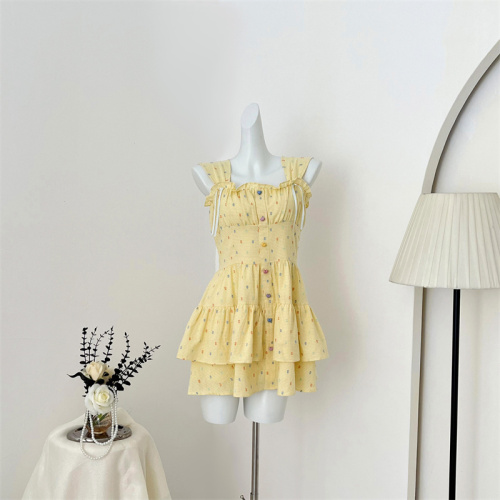 Acaine mid-length yellow polka-dot square neck waist a-line suspender dress women's summer French sweet skirt