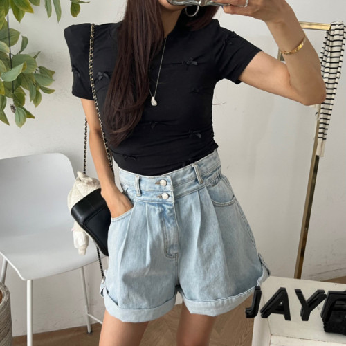 New summer two-button high-waist curled denim shorts