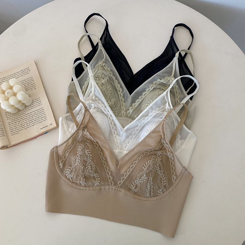 Real shot of large size lace beautiful back French bunny ears crystal breathable cup push-up underwear seamless ice silk bottoming sling