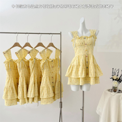 Acaine mid-length yellow polka-dot square neck waist a-line suspender dress women's summer French sweet skirt