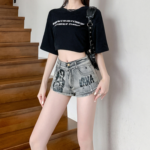 Real shot ~ American retro hottie low-waist denim shorts women's summer straight slim printed hot pants