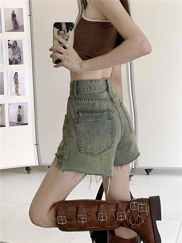 Real shots and real prices~Summer new style retro distressed high-waisted ripped A-line denim wide-leg shorts for women