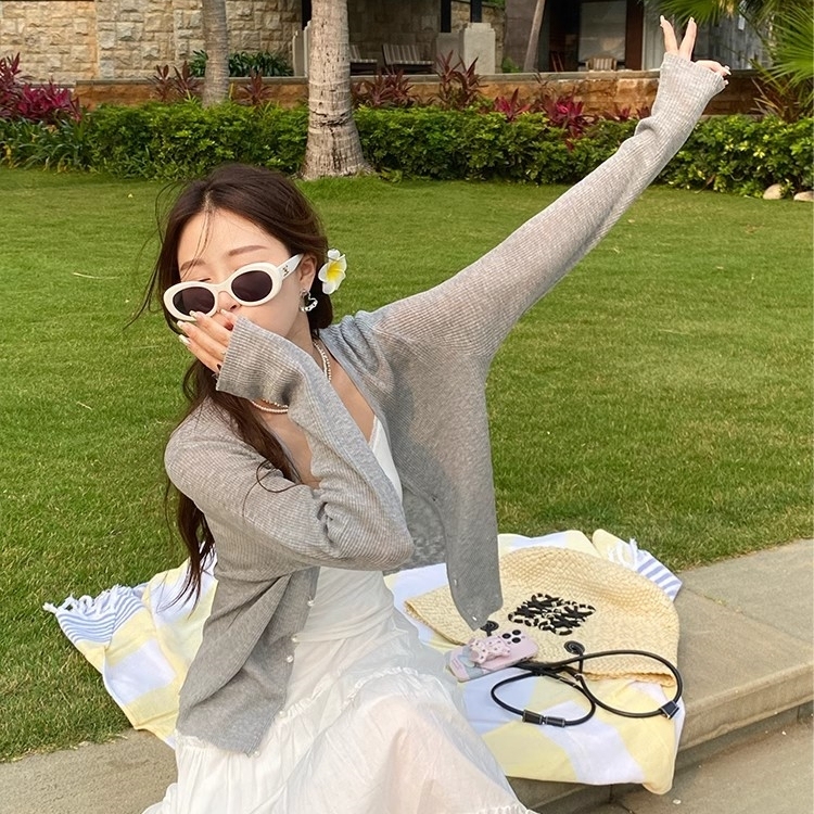 Gray cardigan thin women's new summer coat suspender skirt with sun protection blouse top air conditioning shirt