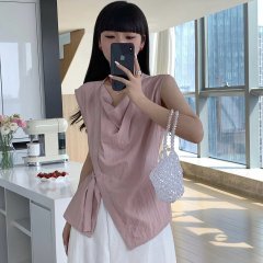 2024夏季新款慵懶風氣質盪領無袖收腰背心女氛圍感氣質不規則小衫