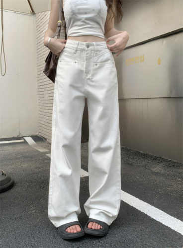 Actual shot of new high-waisted loose slimming straight-leg versatile wide-leg long jeans for women