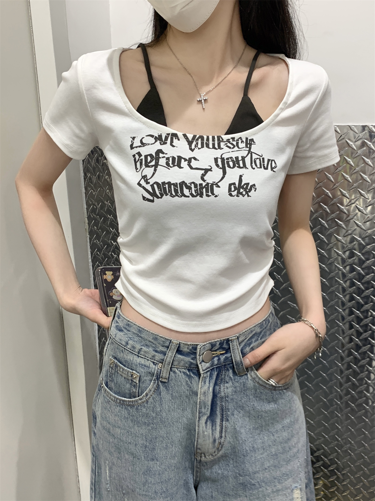 Real shot of summer Korean style contrasting letter print fake two-piece pleated design pure cotton short-sleeved top for women