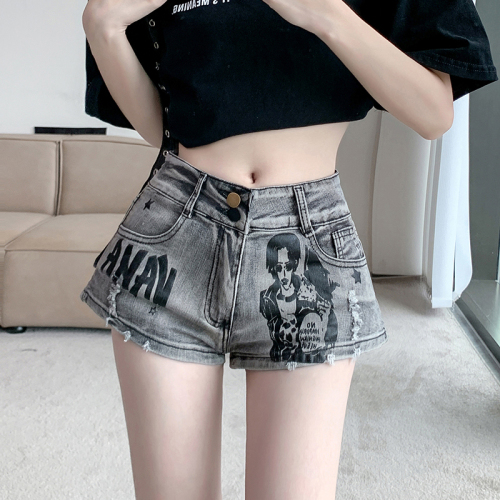 Real shot ~ American retro hottie low-waist denim shorts women's summer straight slim printed hot pants