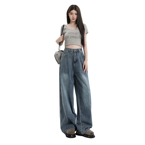 Actual shot of retro loose wide-leg pants, floor-length high-waisted, versatile straight-leg jeans for women & longer trousers