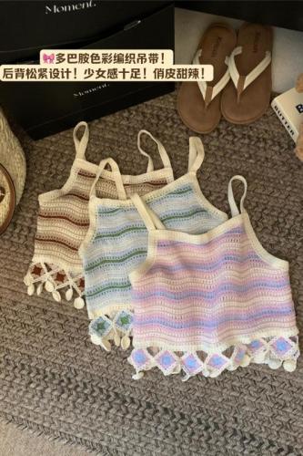 Actual shot ~ Hollow striped embroidered knitted camisole for women with ethnic design and tassel short top