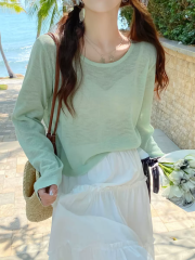 Thin knitted sweater women's new summer thin suspender top sun protection cover-up long-sleeved T-shirt round neck top
