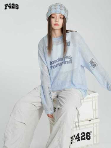 National fashion brand summer couple loose casual knitted hollow letter printed long-sleeved T-shirt