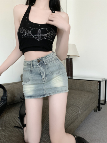 Real shot American retro denim skirt women's summer anti-exposure skirt high waist slim skirt hip-covering skirt short skirt