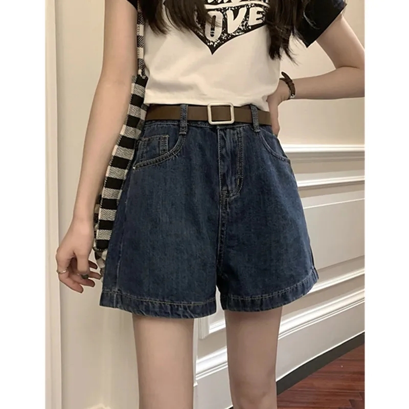 Official photo of high-waisted denim shorts for women petite summer washed retro dark blue loose and versatile a-line wide-leg hot pants