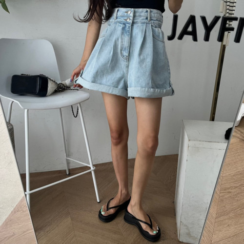 New summer two-button high-waist curled denim shorts