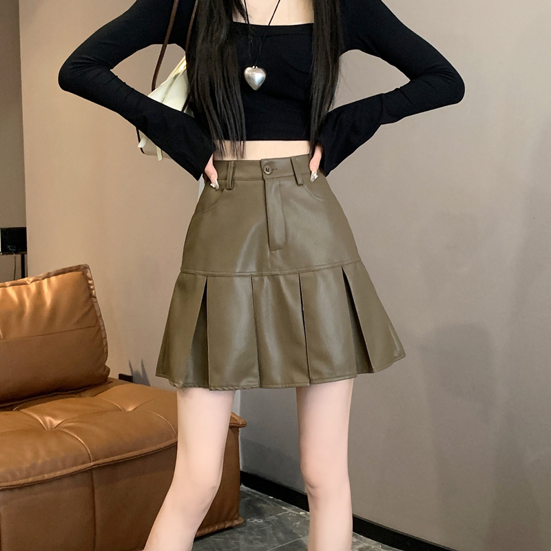Good quality autumn and winter new slim and versatile skirt pu pleated skirt for women
