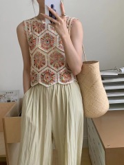 2024夏季新款海邊度假風彩虹色圓領無袖背心女短款鏤空馬甲