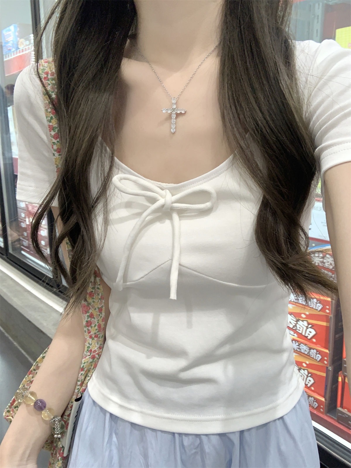 Actual shot of summer Korean style slim-fitting sweet candy color lace-up pure cotton versatile short-sleeved T-shirt top for women