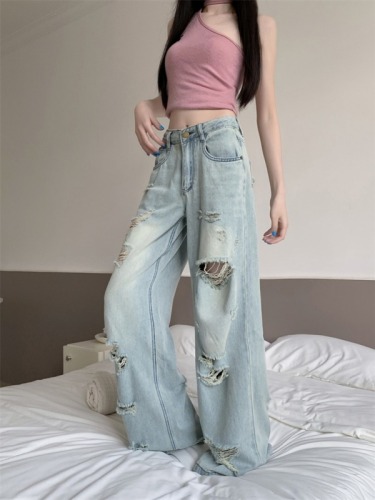 Real shot of summer high waist ripped beggar pants loose embroidered straight leg slimming wide leg long jeans for women