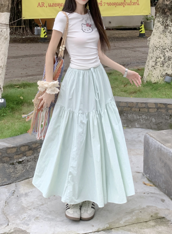 Mint green elastic waist slimming A-line long skirt with large skirt