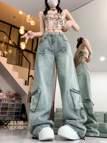 Actual shot~Butterfly pocket cargo jeans for women, loose high-waisted slimming and versatile trousers for women