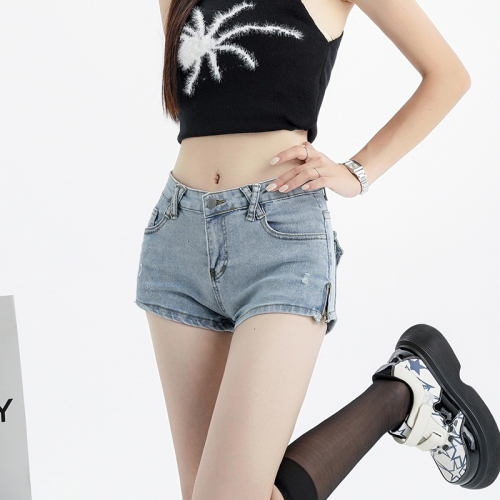 Real shot ~ hot girl stretch denim shorts women's summer sexy hot pants low waist slit straight wide leg pants